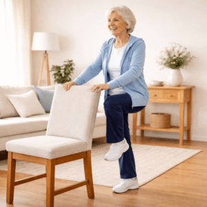 senior marching on spot behind chair for exercise
