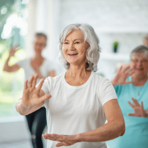 woman doing tai chi inside